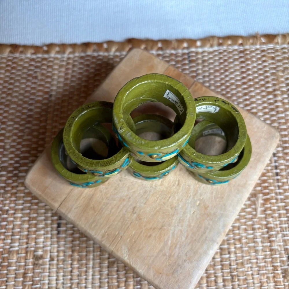 Set of 6 Vintage Fitz & Floyd Paper Mâché Green Napkin Rings Bird Motif